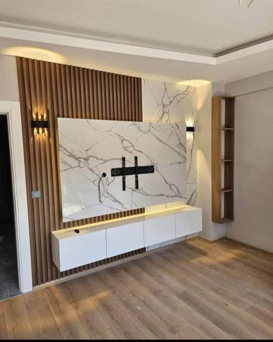 Walnut Fluted Marble TV Panel